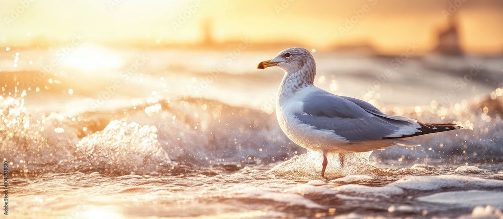 Aufkleber Backlit seagull standing in the water with waves and splashes around its feet. with copy space image. Place for adding text or design