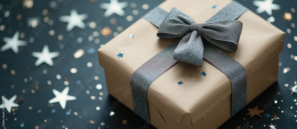 Poster gift box wrapped in kraft paper with a gray bow and star shaped confetti close up. with copy space i