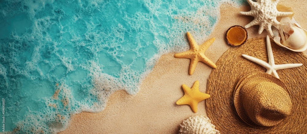 Poster Flat lay of beach accessories and a summer background from a top view. with copy space image. Place for adding text or design