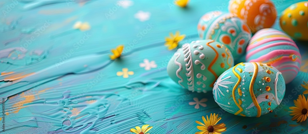 Poster Background featuring painted Easter eggs Happy Easter egg. with copy space image. Place for adding text or design