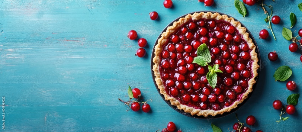 Fototapete board featuring delicious lingonberry pie on a blue background. with copy space image. place for add