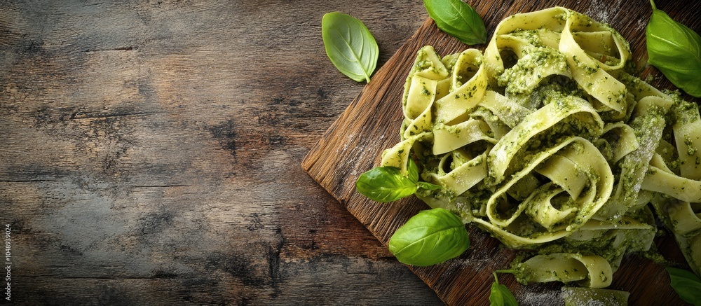 Aufkleber Pasta with Pesto Genovese on a wooden surface. with copy space image. Place for adding text or design