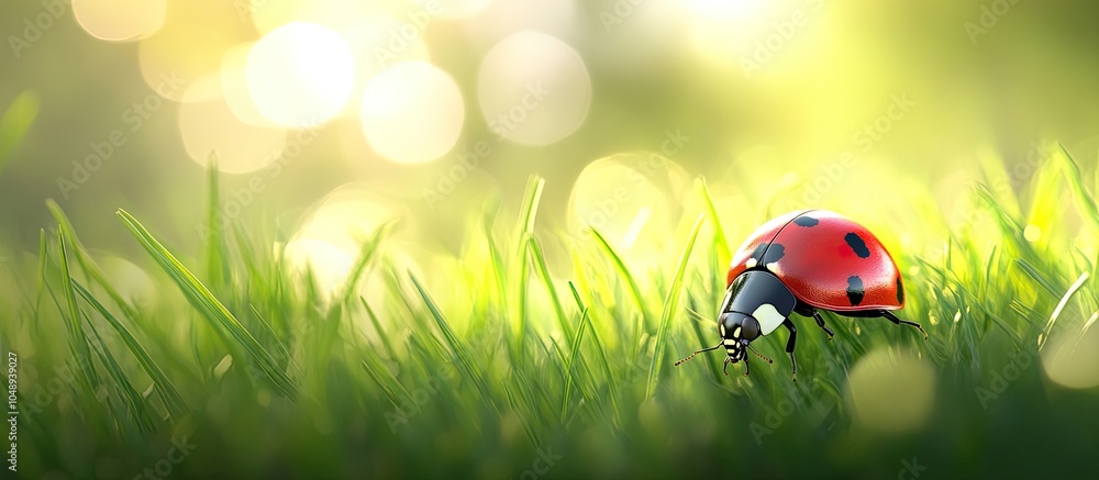 Aufkleber Ladybug resting on green grass. with copy space image. Place for adding text or design