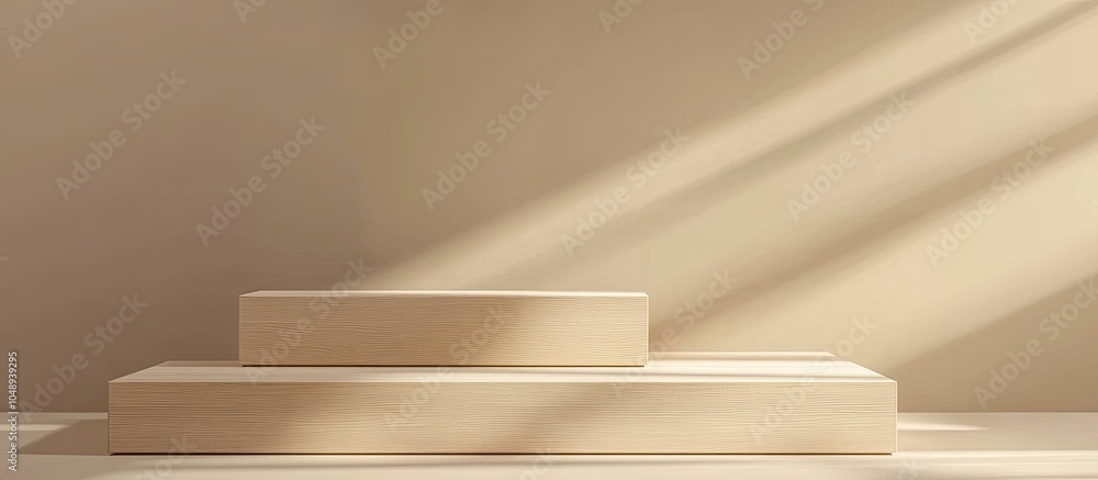 Poster minimalist wooden setting abstract minimal vacant stage featuring rectangle podiums on a beige backg