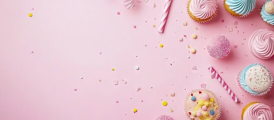Birthday party arrangement on a pink background Top view with copy space