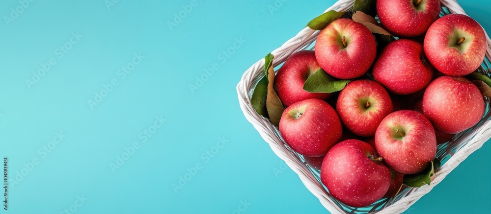 Leinwandbilder Top view of a white basket filled with fresh red organic apples on a turquoise background Autumn harvest Nutritious snack. with copy space image. Place for adding text or design