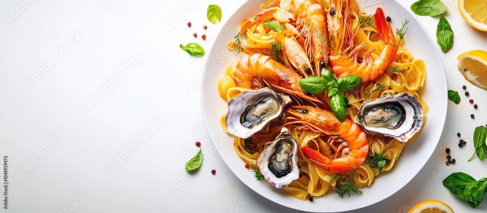Poster mediterranean cuisine seafood pasta featuring oysters and shrimp white background top view. with cop