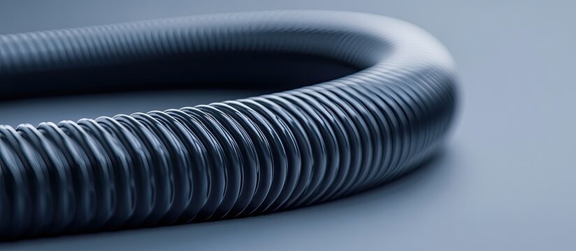Close up of a corrugated flexible pipe or hose made of plastic or PVC featuring a flexi pipe joint on a gray background utilized in plumbing systems for water supply and drainage with selective foc