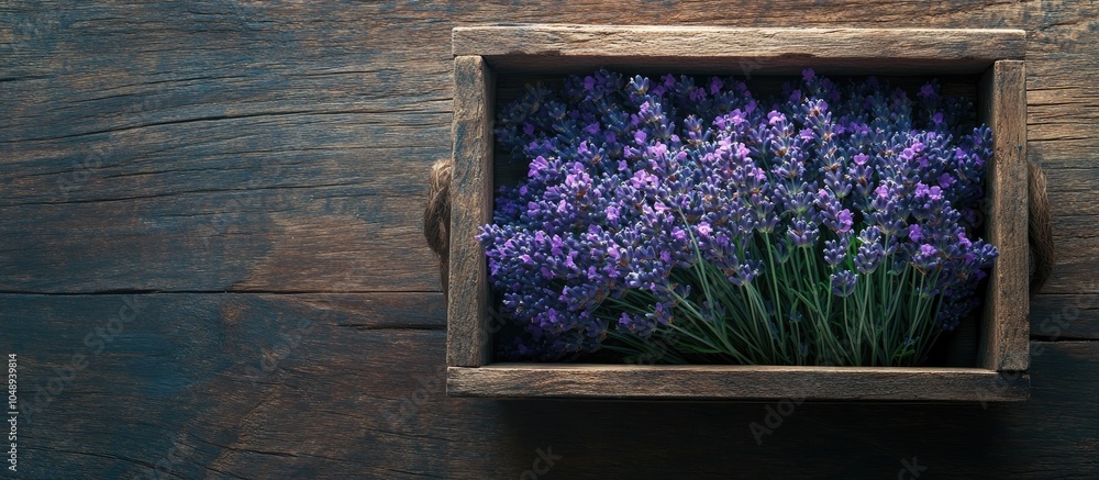 Poster Lavender blooms in a box on a wooden surface. with copy space image. Place for adding text or design