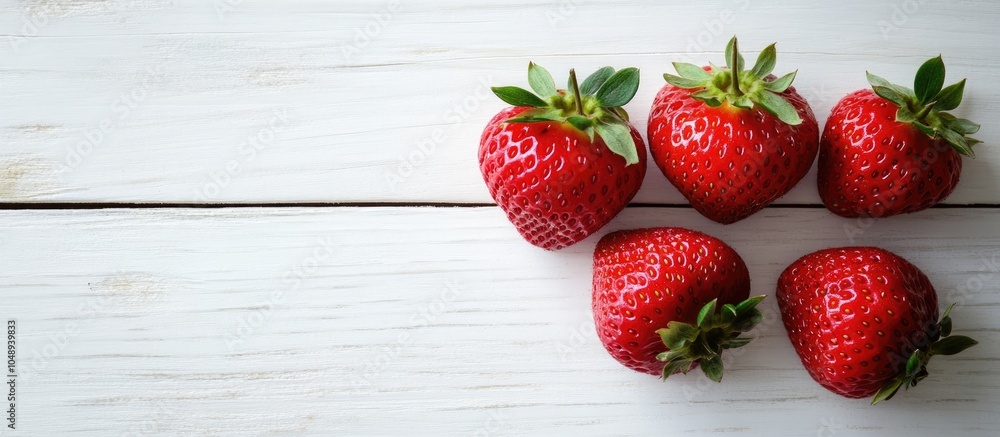 Aufkleber Four ripe juicy strawberries on a white wooden background Macro. with copy space image. Place for adding text or design
