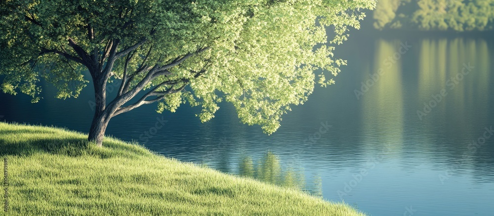 Poster tree by the lake on grass. with copy space image. place for adding text or design