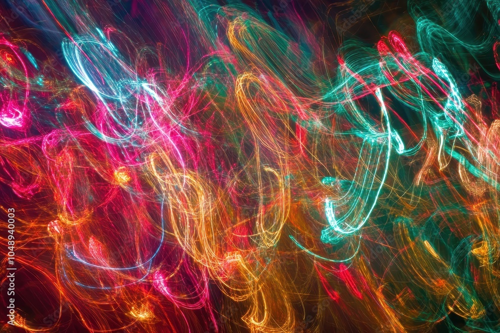 Poster colorful light trails creating abstract patterns at night in a lively urban setting