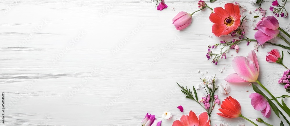 Poster fresh beautiful flowers on a white wooden background. with copy space image. place for adding text o