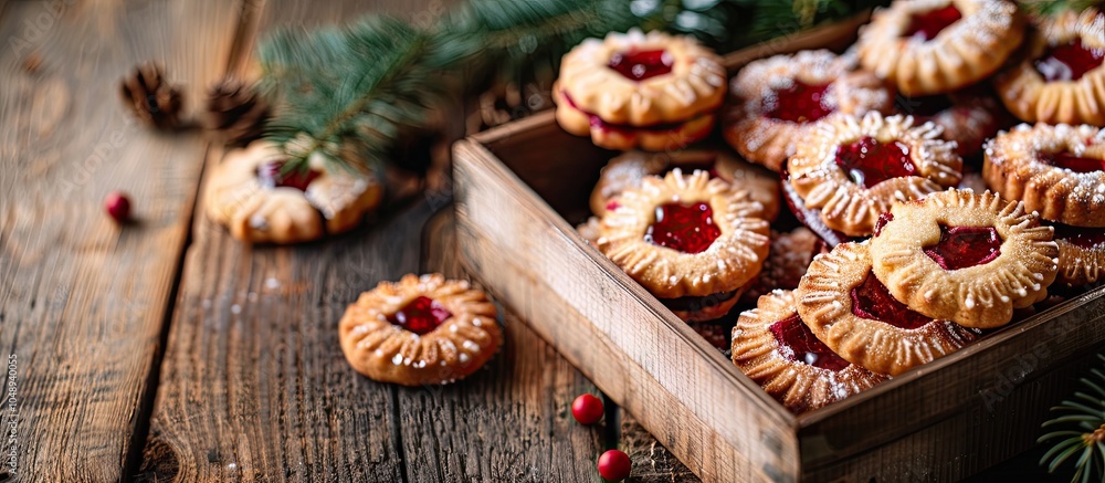 Poster homemade classic christmas linzer cookies in a box on a rustic wooden board with copyspace