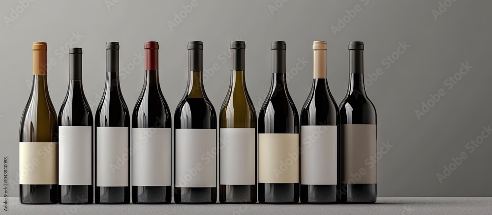 Fototapete A collection of wine bottles on a gray background featuring blank labels. with copy space image. Place for adding text or design