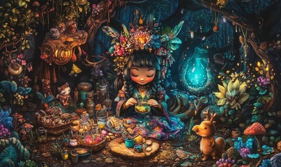 Fototapeta premium A girl sits in a magical forest with glowing jars.