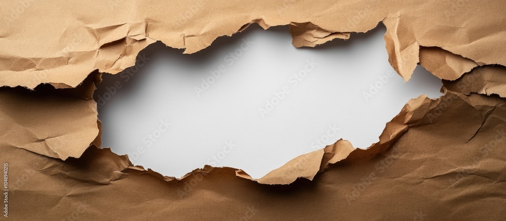 Poster brown packaging paper torn to uncover a white panel. with copy space image. place for adding text or