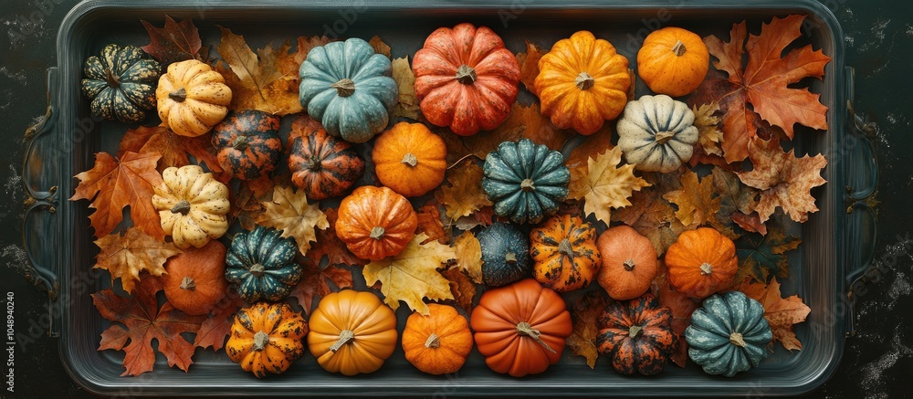 Aufkleber Top view of a tray filled with various pumpkins and autumn leaves. with copy space image. Place for adding text or design