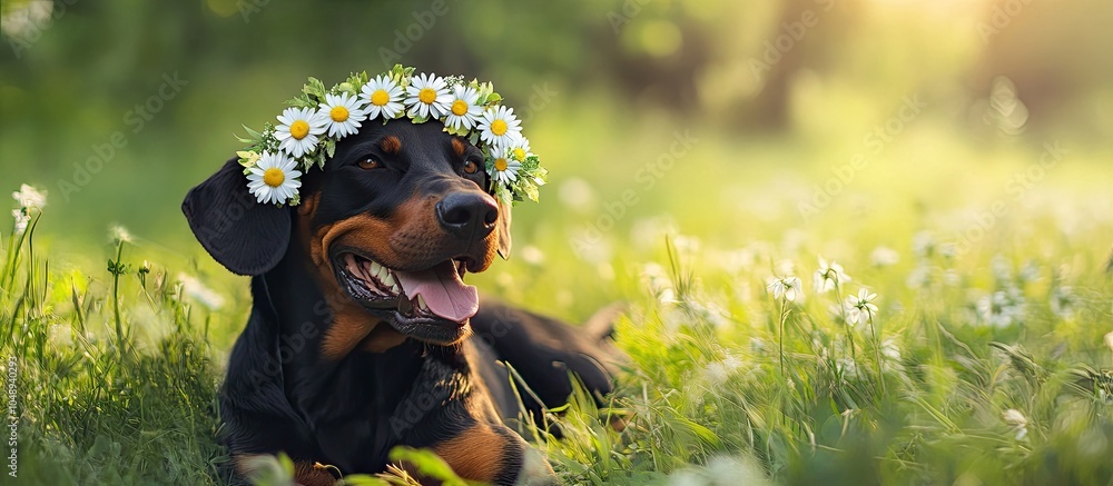 Poster a joyful doberman dog adorned with a wreath of daisies rests on lush green summer grass copyspace fo