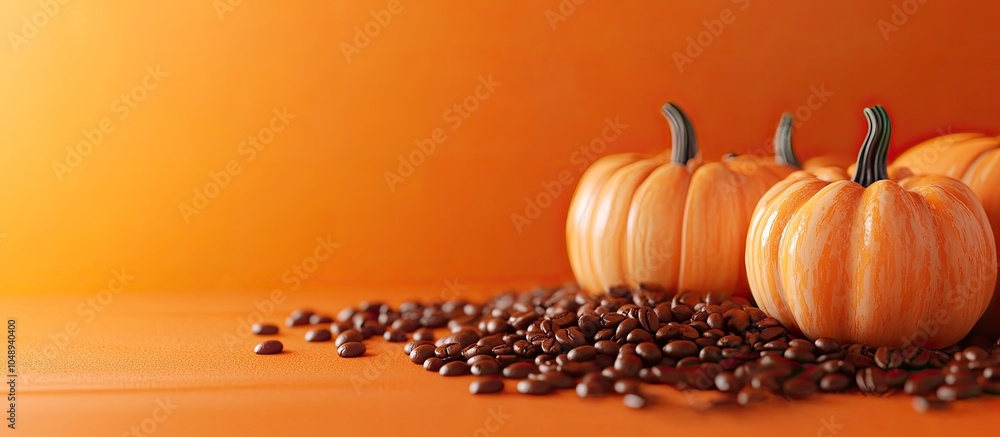 Aufkleber decorative pumpkins accompanied by coffee beans on an orange and wooden backdrop halloween themed co