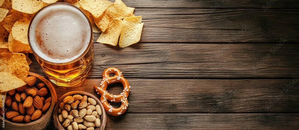 Poster lager beer and snacks placed on a wooden table nuts chips and pretzels. with copy space image. place