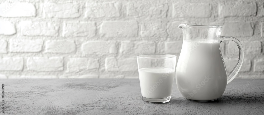 Poster Milk in a jug and a glass on a grey table set against a white brick wall background. with copy space image. Place for adding text or design