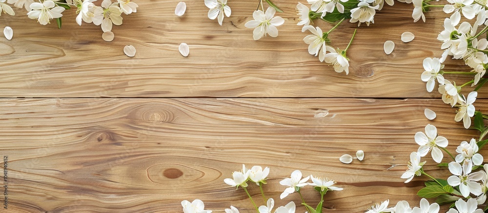 Poster white flowers on a wooden surface design for mother s day or easter spring season. with copy space i