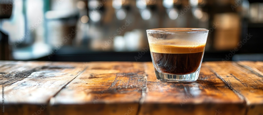 Aufkleber A glass cup filled with fresh aromatic coffee sits on a wooden counter in a cafe providing space for text. with copy space image. Place for adding text or design