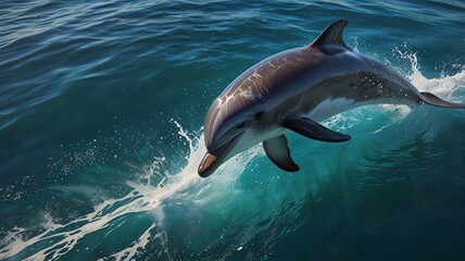 Obraz premium A dolphin leaps out of the water, creating a spray of water droplets