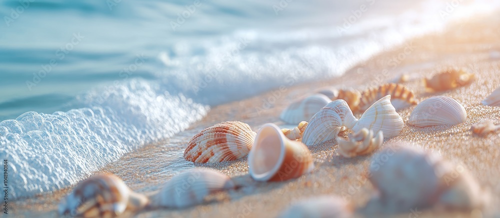 Poster seashells on the shore beach vacation idea by the ocean. with copy space image. Place for adding text or design