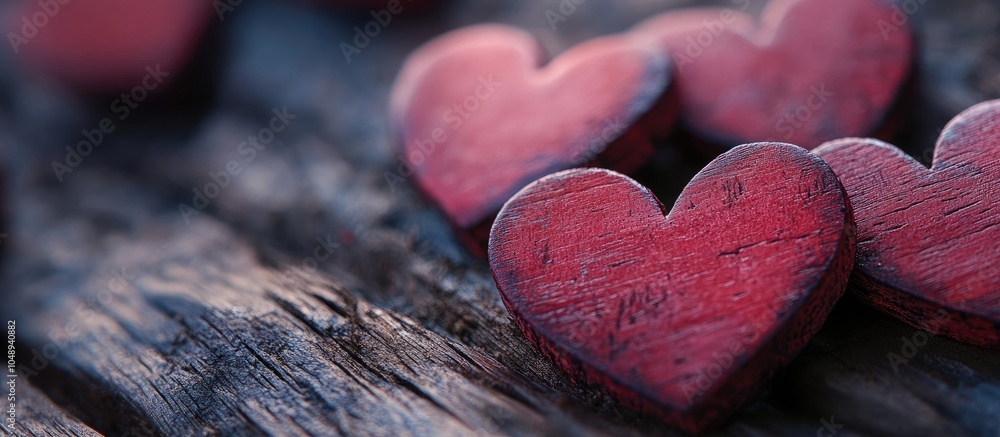 Poster Hearts on a Wooden Texture Valentine s Day backdrop Macro. with copy space image. Place for adding text or design