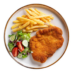 Top and side view of crispy breaded schnitzel served with French fries and fresh mixed salad on white plates, isolated on transparent background, ideal for comfort food, lunch, and dinner visuals