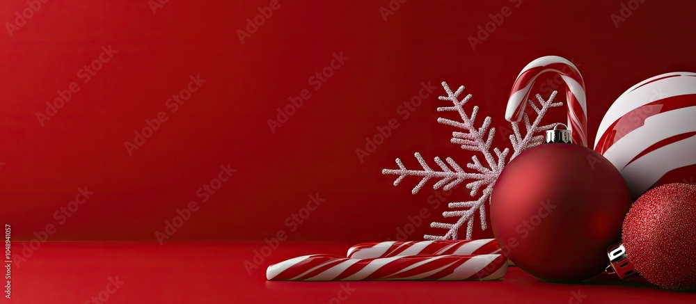 Poster Blank card featuring Christmas balls a snowflake and candy canes against a red background. with copy space image. Place for adding text or design