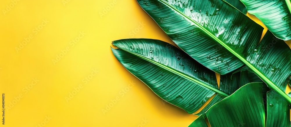 Poster fresh green banana leaf on a colored background with space for text tropical foliage. with copy spac