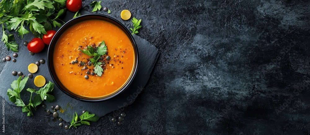 Aufkleber Italian vegetable lentil soup on a slate stone or concrete surface. with copy space image. Place for adding text or design