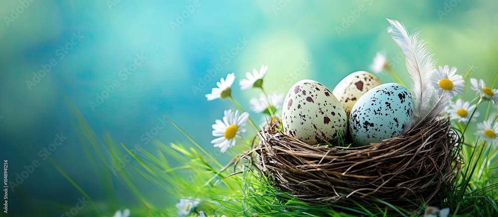 Poster easter card featuring painted easter eggs with feathers in a nest on green grass surrounded by daisi