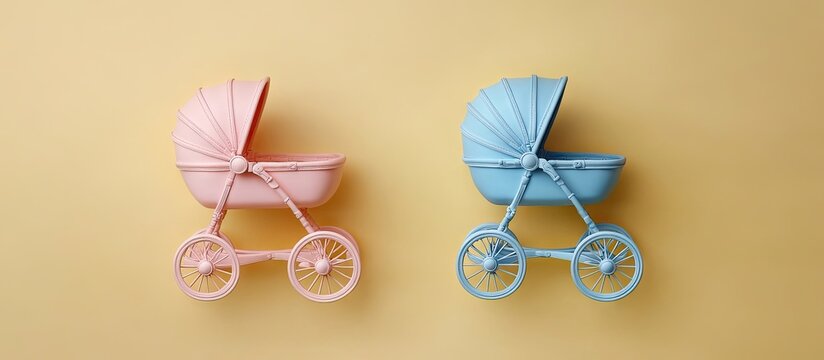 Miniature baby carriages set against a gold background Pink and blue prams with copy space Top view