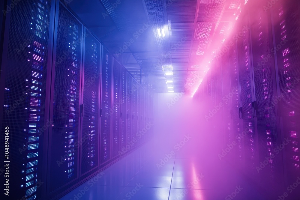 Poster a futuristic view of a data center illuminated with colorful lights and mist at night