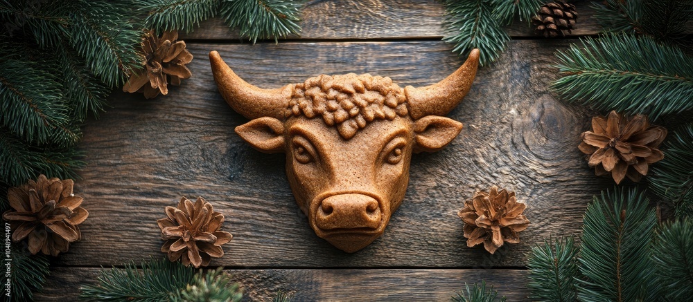 Poster ginger cakes shaped like a bull s face on a wooden surface with a backdrop adorned with fir branches