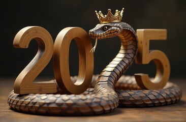 Wooden 2025 featuring a wooden snake as the Chinese zodiac symbol. A new year's concept.