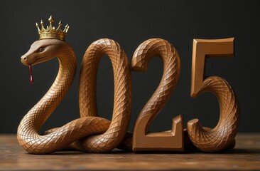 Fototapeta premium Wooden 2025 featuring a wooden snake as the Chinese zodiac symbol. A new year's concept.