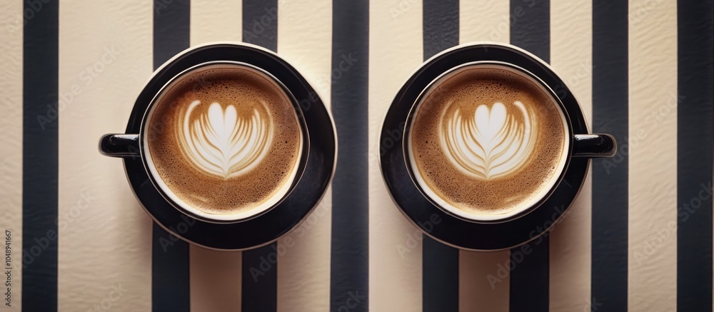 Aufkleber Coffee with a pattern on the foam in two glasses Set against a blurred backdrop of the table and striped tiles Photo captured from above. with copy space image. Place for adding text or design