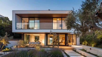 Fototapeta premium Modern Two-Story House with Patio and Landscaping at Dusk
