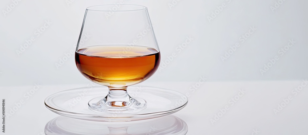 Poster A glass of cognac is resting on a saucer against a white background It has been photographed up close. with copy space image. Place for adding text or design