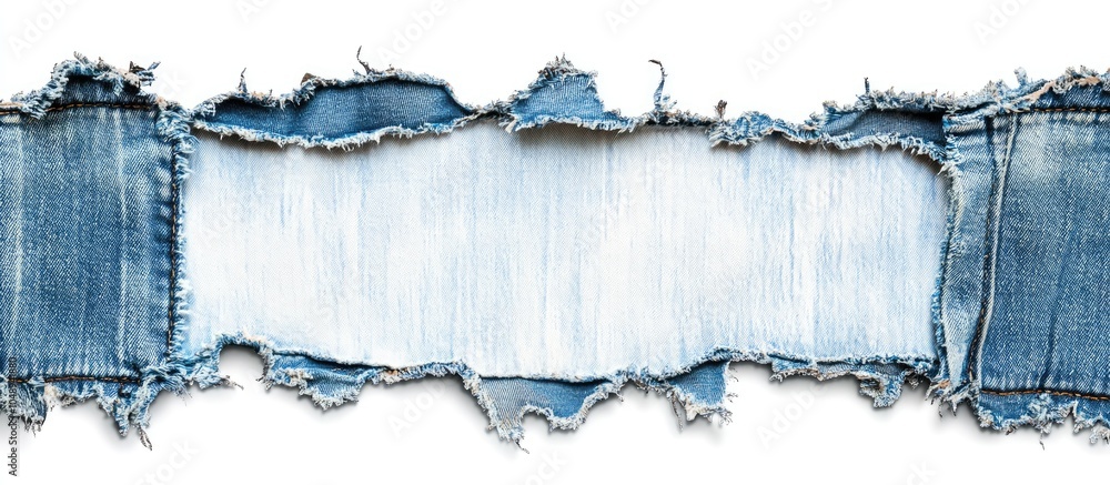 Poster Denim jeans with rips tears and a blue edge frame isolated on a white background providing space for text. with copy space image. Place for adding text or design