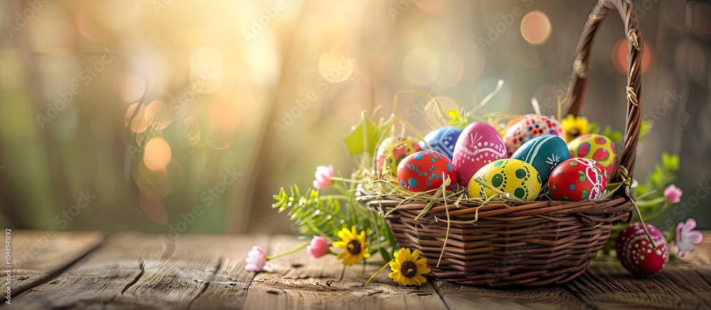 Leinwandbilder basket containing painted colorful easter eggs on a wooden table. with copy space image. place for a
