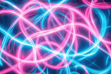 Colorful neon light trails swirling in a dynamic pattern against a dark background