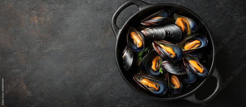 Aufkleber traditional barbecue italian blue mussels in white wine viewed from above in a casserole. with copy 