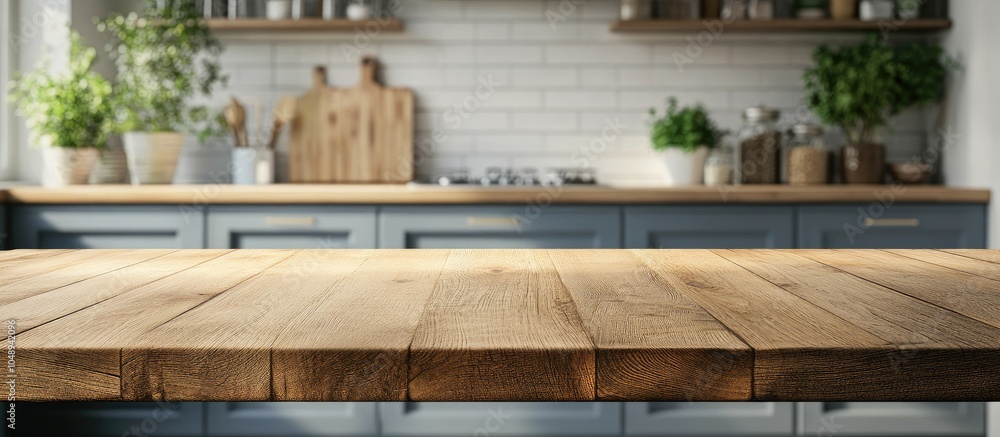 Poster wood table top set against a blurred kitchen background suitable for product display montage or key 