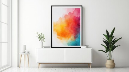 Abstract Watercolor Painting in a Minimalist White Room with Decor
